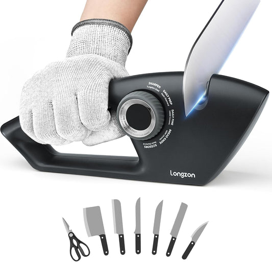 5-In-1 Knife Sharpener 5 Stage with a Pair of Cut-Resistant Glove, Original Premium Polish Blades, Serrated Knives, and Scissors